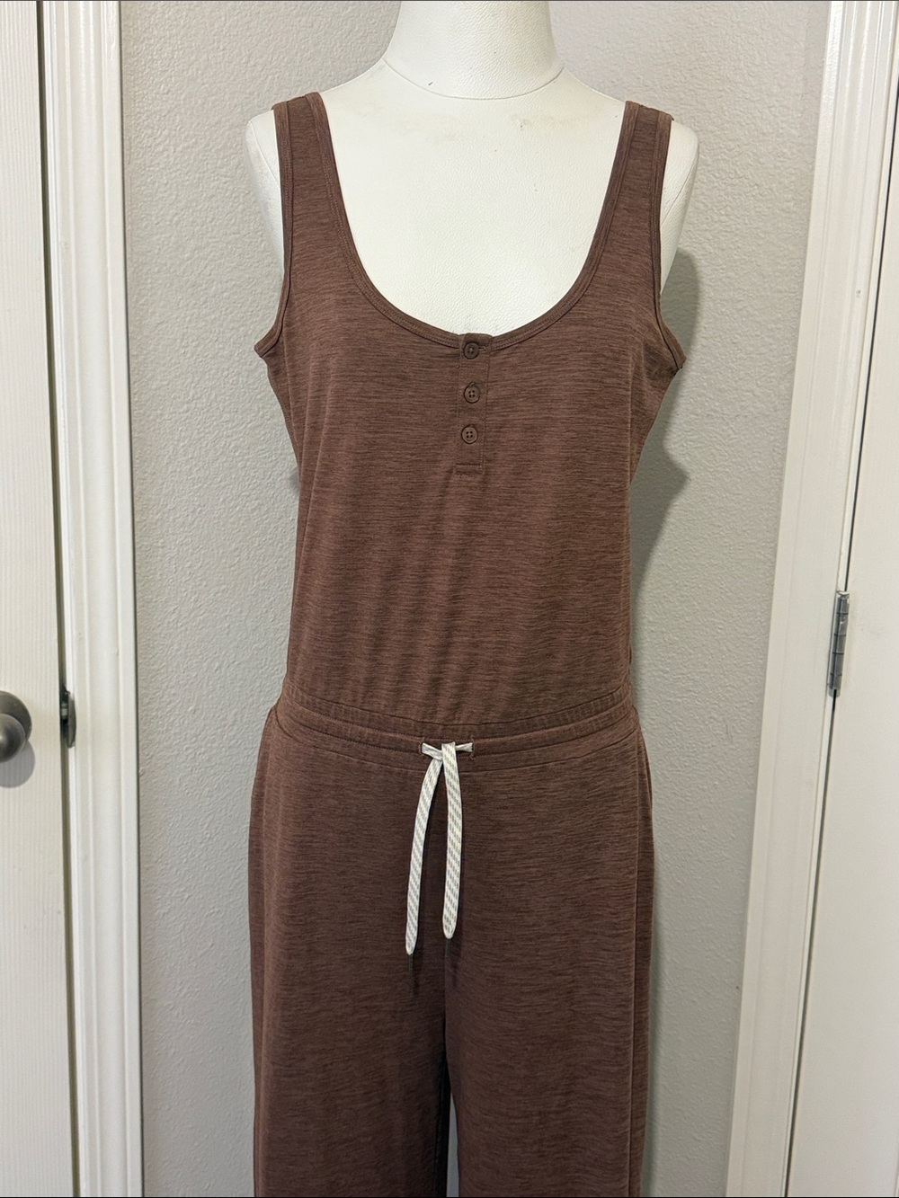 Vuori Falls Jumpsuit in Almond Heather Drawstring Wide Leg - Picture 3 of 10